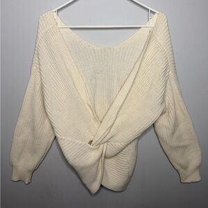Chic Elegant Cream V-Neck Twist Sweater